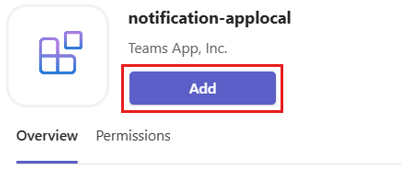 Captura de ecrã a mostrar o bot de notificação carregado no cliente do Teams.