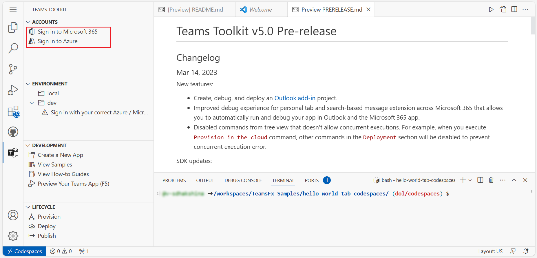 Captura de ecrã a mostrar a janela do Teams Toolkit no browser para iniciar sessão.