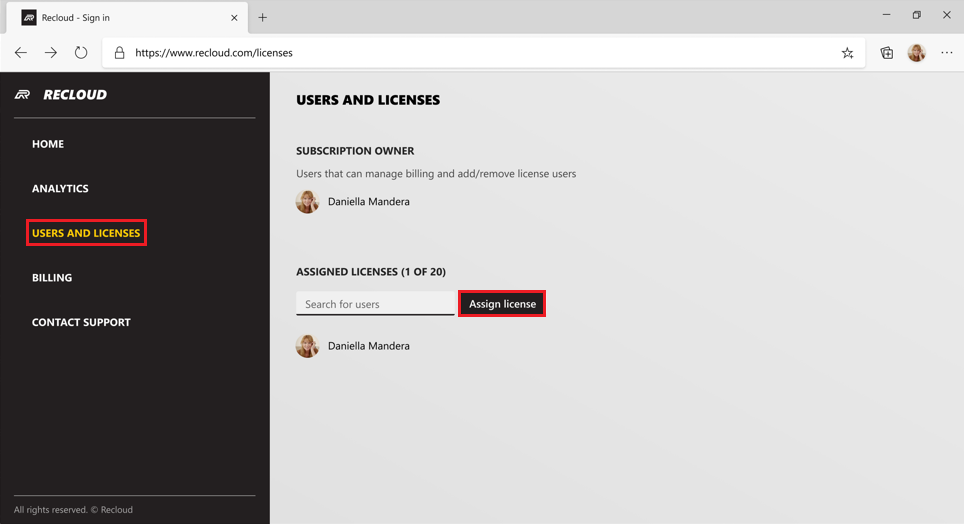 Captura de ecrã a mostrar o ecrã Utilizador e Licenças para atribuir licença.