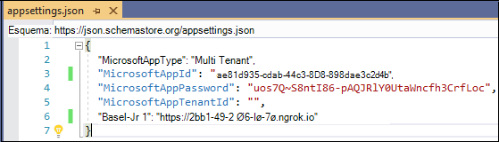 Captura de ecrã do ficheiro JSON appsettings a apresentar as informações de appsettings.