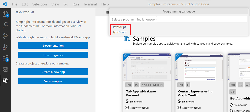 Captura de ecrã a mostrar o Toolkit do Teams com a opção Selecionar uma linguagem de programação realçada a vermelho.