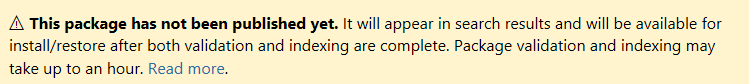 Screenshot of a message indicating that a package isn't yet published.