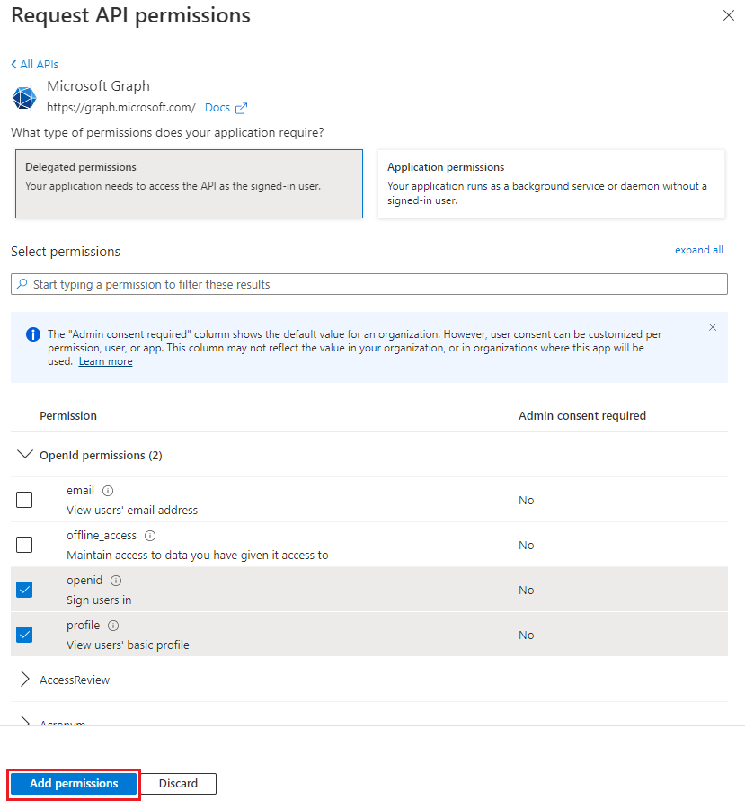 O painel Pedir permissões da API com algumas permissões selecionadas.