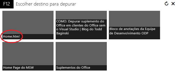 Ecrã IEChooser, com vários processos de Internet Explorer e Trident listados. Um chama-se Home.html.