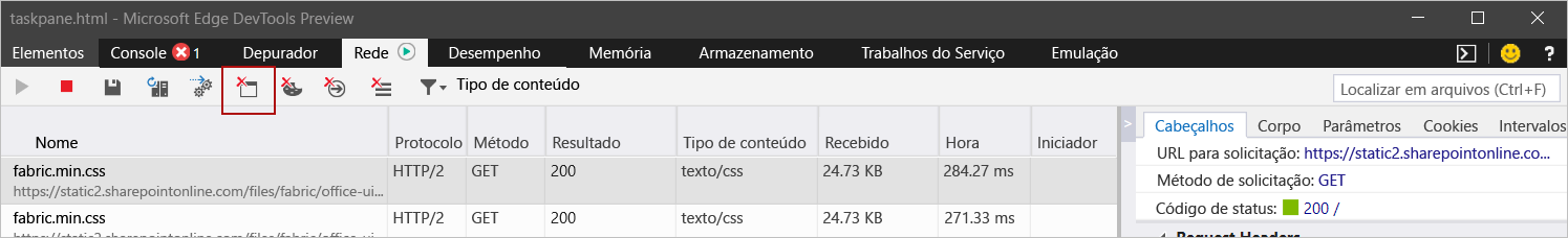 Microsoft Edge DevTools com o botão Limpar cache realçado.