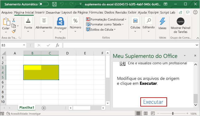 Excel com o painel de tarefas do suplemento aberto e o botão Executar realçado no painel de tarefas do suplemento.