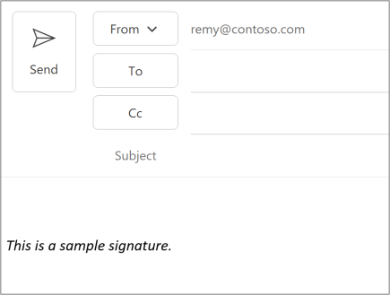 Uma assinatura de exemplo adicionada a uma mensagem recentemente composta quando uma assinatura predefinida do Outlook não está configurada na conta.