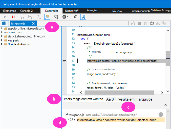 Separador de depuração do Edge DevTools com 4 partes etiquetadas como A a D.