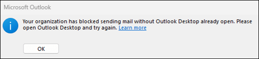 Caixa de diálogo que alerta um utilizador para abrir o cliente do Outlook ao enviar um item de correio.