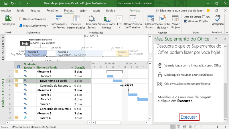 O aplicativo Project com o suplemento do painel de tarefas carregado.