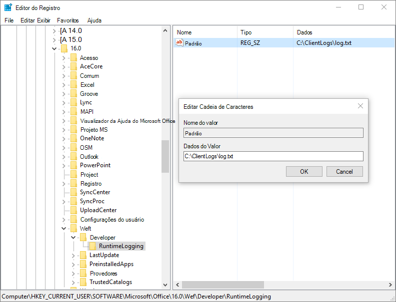 O editor de registo com uma chave de registo RuntimeLogging.