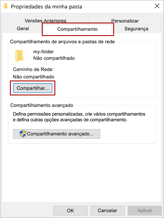 Caixa de diálogo Propriedades da Pasta com o separador Partilha e o botão Partilhar realçados.