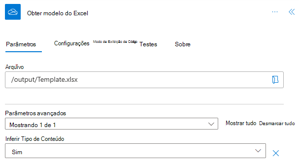 O conector OneDrive for Business concluído no painel de tarefas de ação, renomeado para obter modelo do Excel.