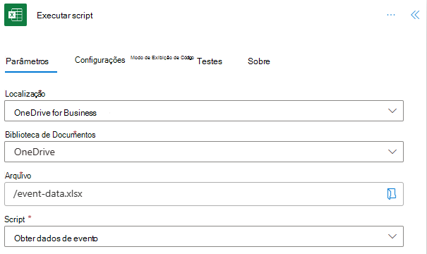 O conector concluído do Excel Online (Business) para o primeiro script no Power Automate.