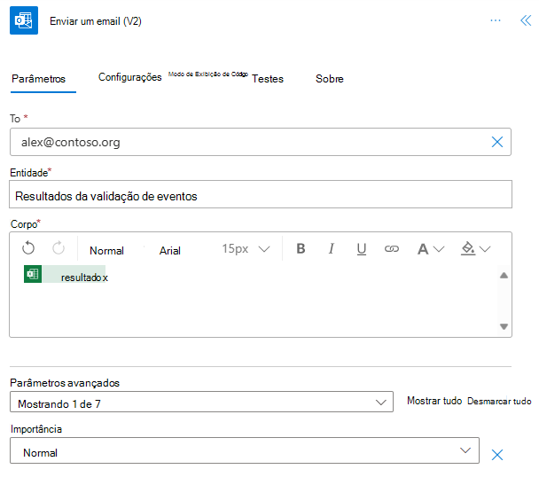 O conector Office 365 Outlook concluído no Power Automate.