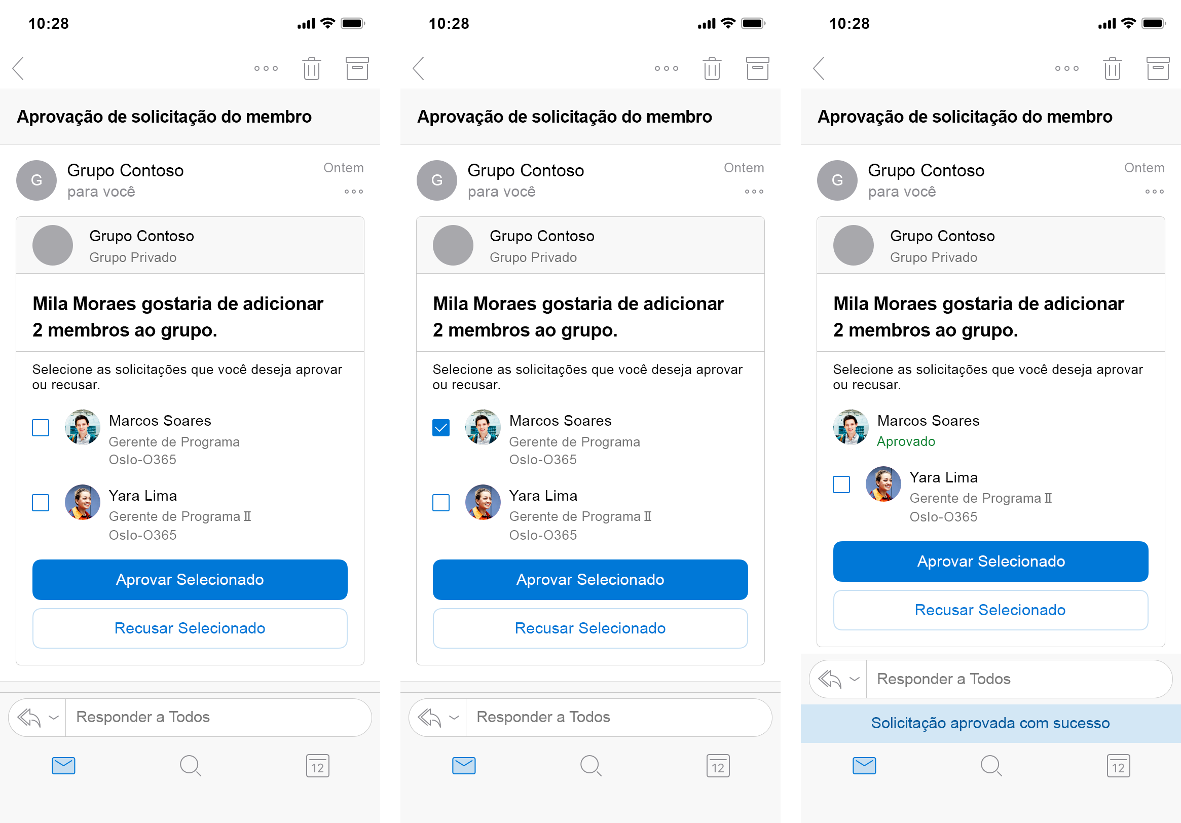 Um cartão de mensagem para adicionar membros ao grupo mostrando o primeiro membro solicitado sendo aprovado conforme renderizado no Outlook no iOS.