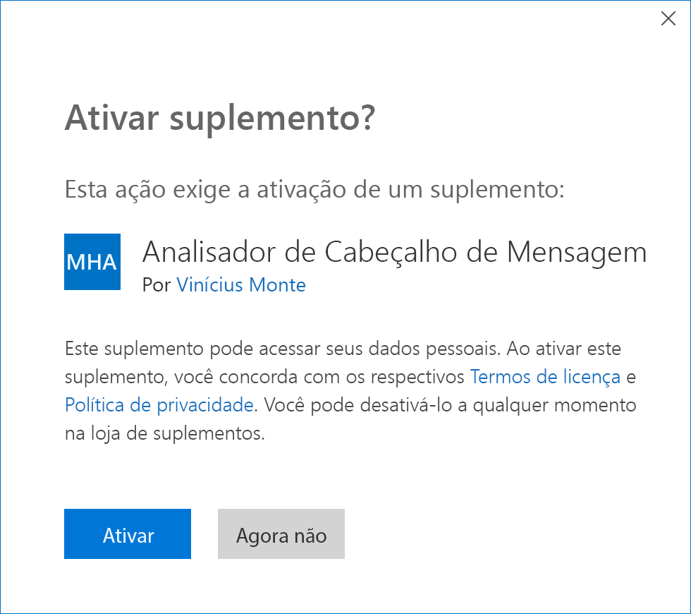 Uma captura de ecrã do pedido para instalar um suplemento quando invocado a partir de uma mensagem acionável.