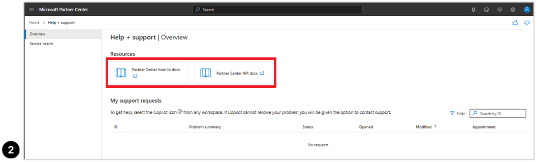 Captura de ecrã do ecrã Ajuda + suporte, com os documentos de instruções do Partner Center e os documentos da API do Partner Center selecionados.