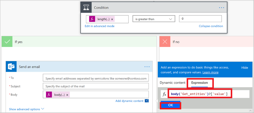 Janela de condição, Se sim, janela do Office 365 Outlook