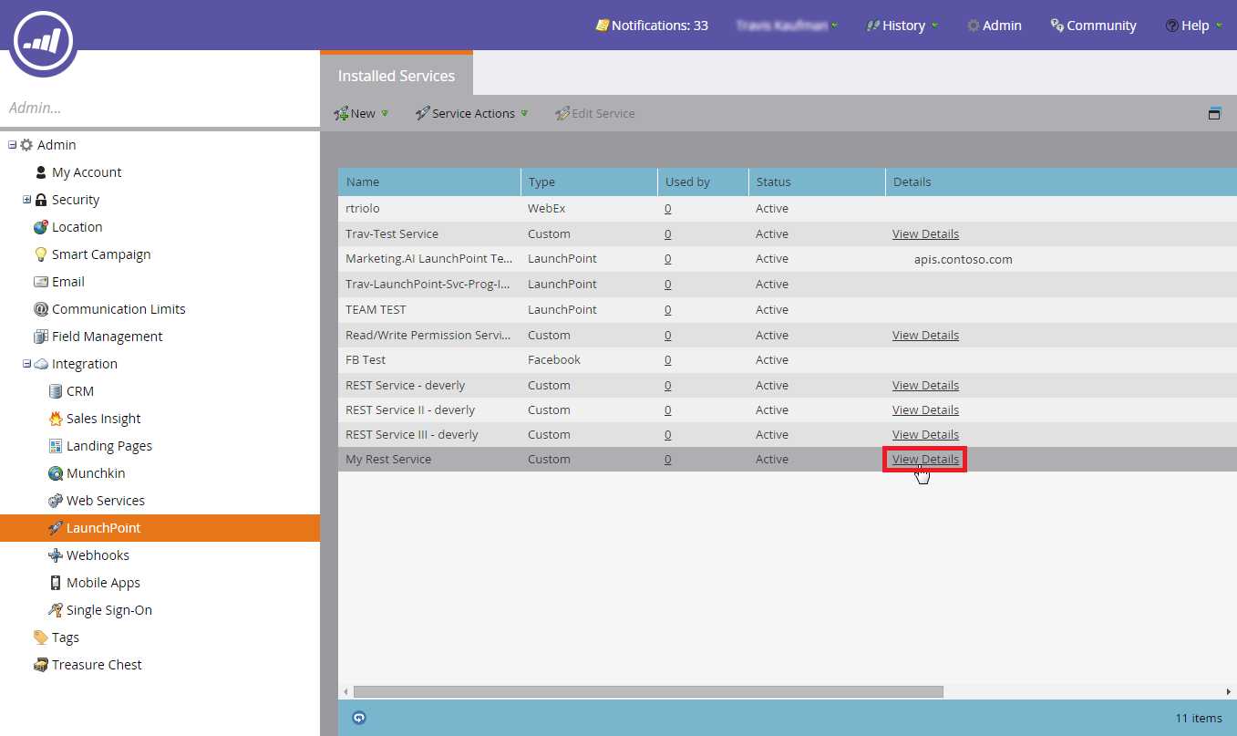 Captura de ecrã a mostrar os serviços instalados pelo administrador do Marketo.