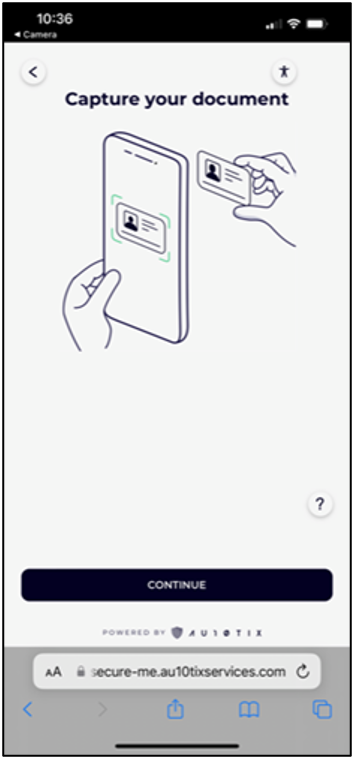 Captura de ecrã da página AU10TIX num dispositivo móvel: Capture o seu documento. Uma ilustração mostra uma câmera tirando uma foto de um cartão de identificação.