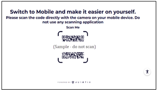 Captura de ecrã da página AU10TIX: Mude para dispositivos móveis e facilite-o para si próprio. A página tem um código QR proeminente para digitalizar.