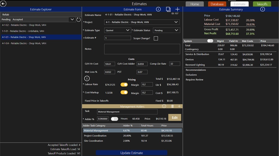 Captura de ecrã da aplicação de estimativa de projetos da Reliable Electric.