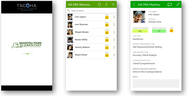 Capturas de ecrã da aplicação Tacoma Public Schools DRA2.
