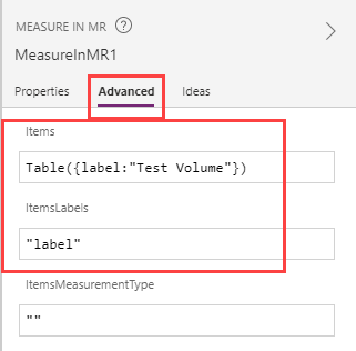 Uma captura de ecrã de um controlo Medir em 3D em construção no Microsoft Power Apps Studio, mostrado ao lado das respetivas propriedades Items e ItemsLabels.