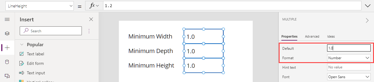 Uma captura de ecrã de três controlos Introdução de texto em construção no Microsoft Power Apps Studio, mostrado ao lado das propriedades do grupo selecionado.