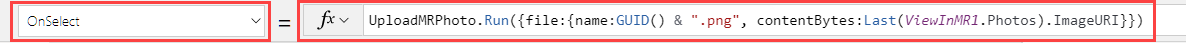 Uma captura de ecrã da propriedade OnSelect de um controlo Botão na barra de fórmulas do Power Apps Studio, que carrega a última fotografia tirada.