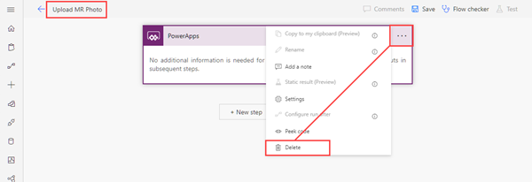 Uma captura de ecrã da janela de edição do Power Automate, com o passo do PowerApps selecionado para eliminação.