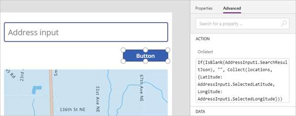 Uma captura de ecrã do botão em construção no Power Apps Studio, mostrado com a respetiva propriedade OnSelect.