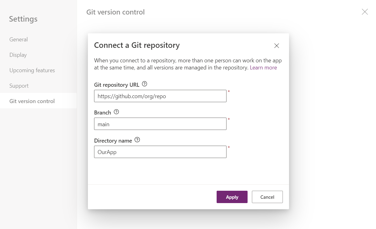 Caixas de entrada de texto para fornecer informações sobre a ligação ao Git.