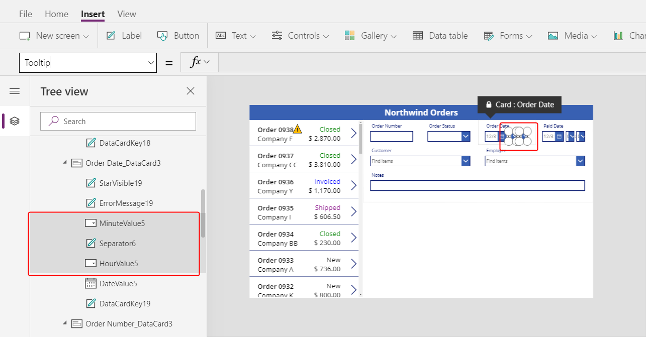 Selecionar os controlos de hora num cartão de Data de Encomenda.