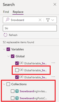 Refine a lista de resultados a substituir.