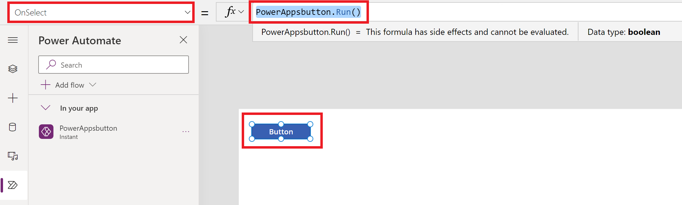 Uma captura de ecrã a mostrar o fluxo adicionado à propriedade OnSelect do botão com a fórmula acima.