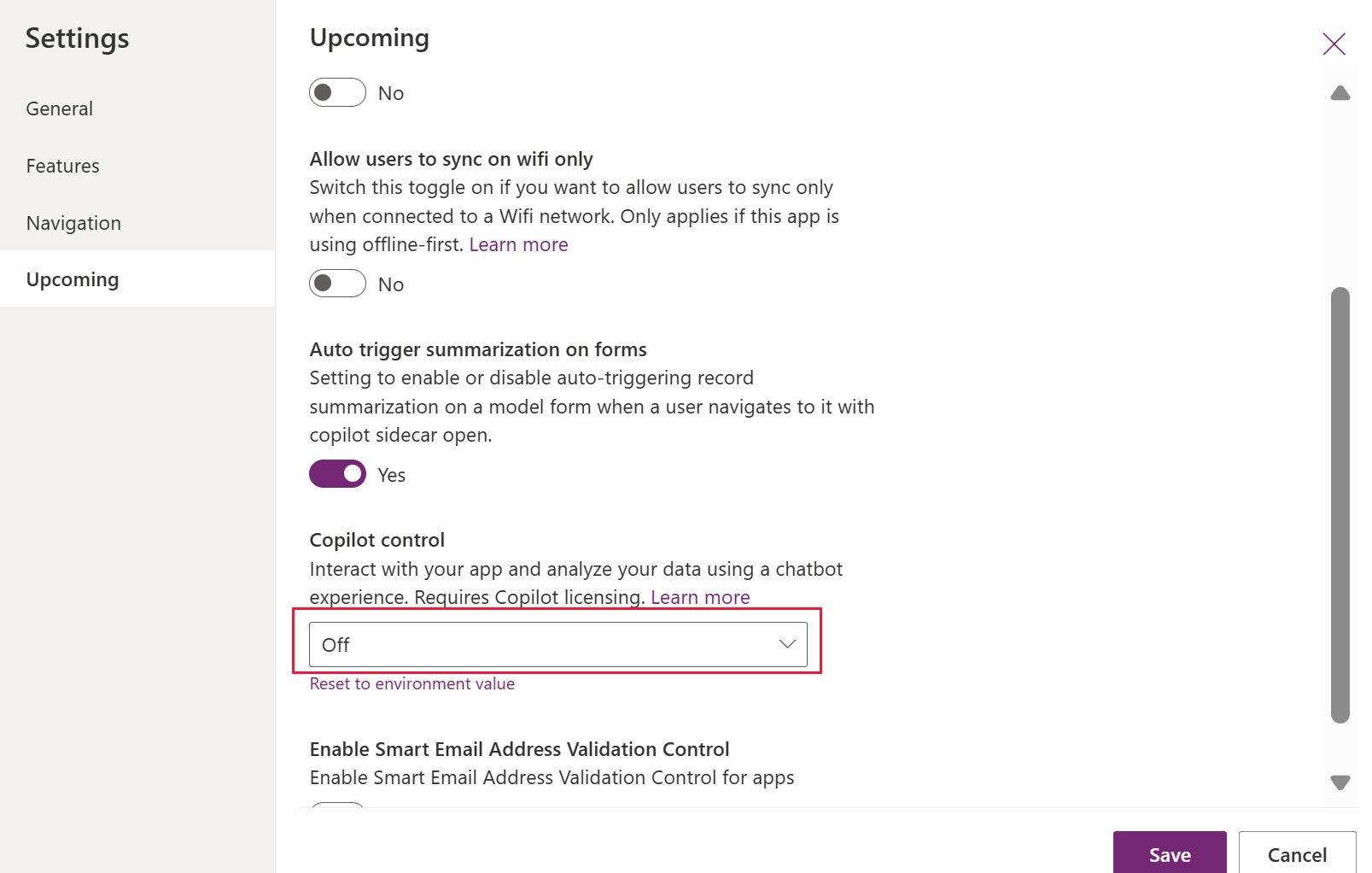 Captura de tela que mostra como desativar copiloto em um aplicativo controlado por modelo.