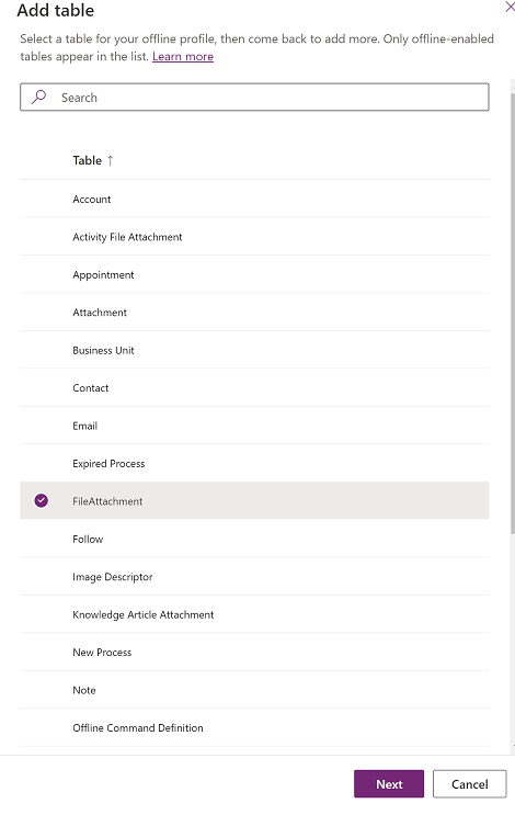 Captura de ecrã que mostra como adicionar a tabela FileAttachment.