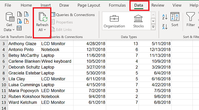 Atualizar os seus dados de aplicações no Excel.