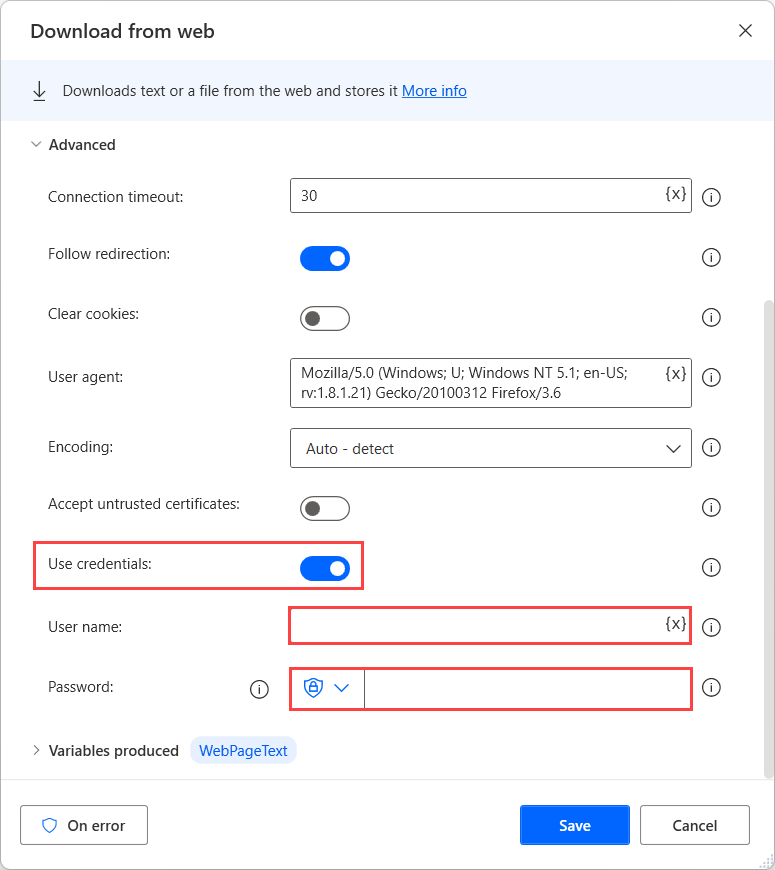 Captura de ecrã das definições avançadas da ação Transferir a partir da Web.