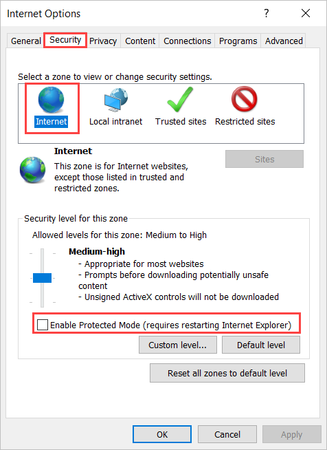 Captura de ecrã do separador de segurança nas opções do Internet Explorer.