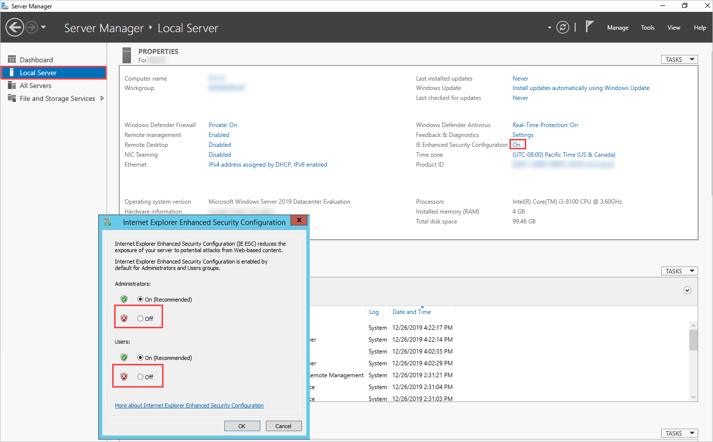 Captura de ecrã da funcionalidade IEESC nas Definições de servidor local do Internet Explorer.