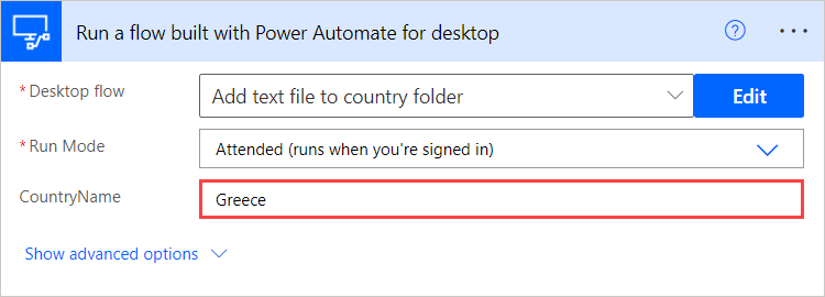 Captura de ecrã das variáveis de entrada na ação Executar um fluxo criado com o Power Automate para computadores.