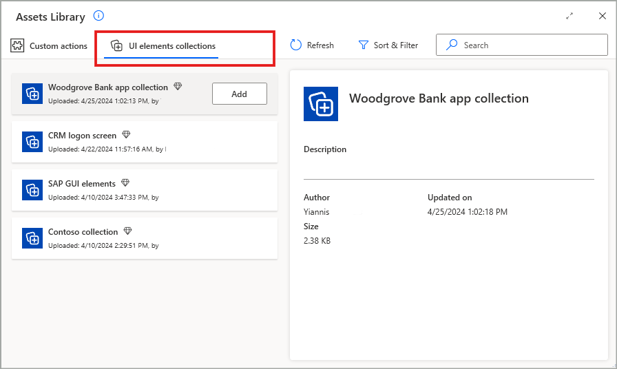 Captura de tela da guia Coleções de elementos da interface do utente na Biblioteca de ativos.