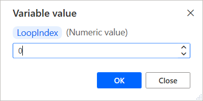 Captura de ecrã da variável numérica a ser modificada no visualizador de variáveis.