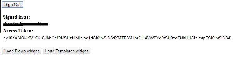 Captura de ecrã a mostrar a caixa do token de acesso contendo um token de acesso.