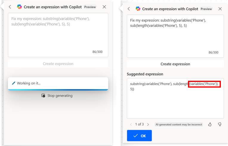 Captura de ecrã de uma correção sugerida para uma expressão errada.