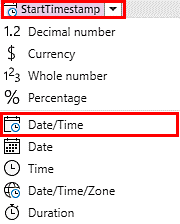 Captura de ecrã do tipo de dados de Data/Hora para StartTimestamp.