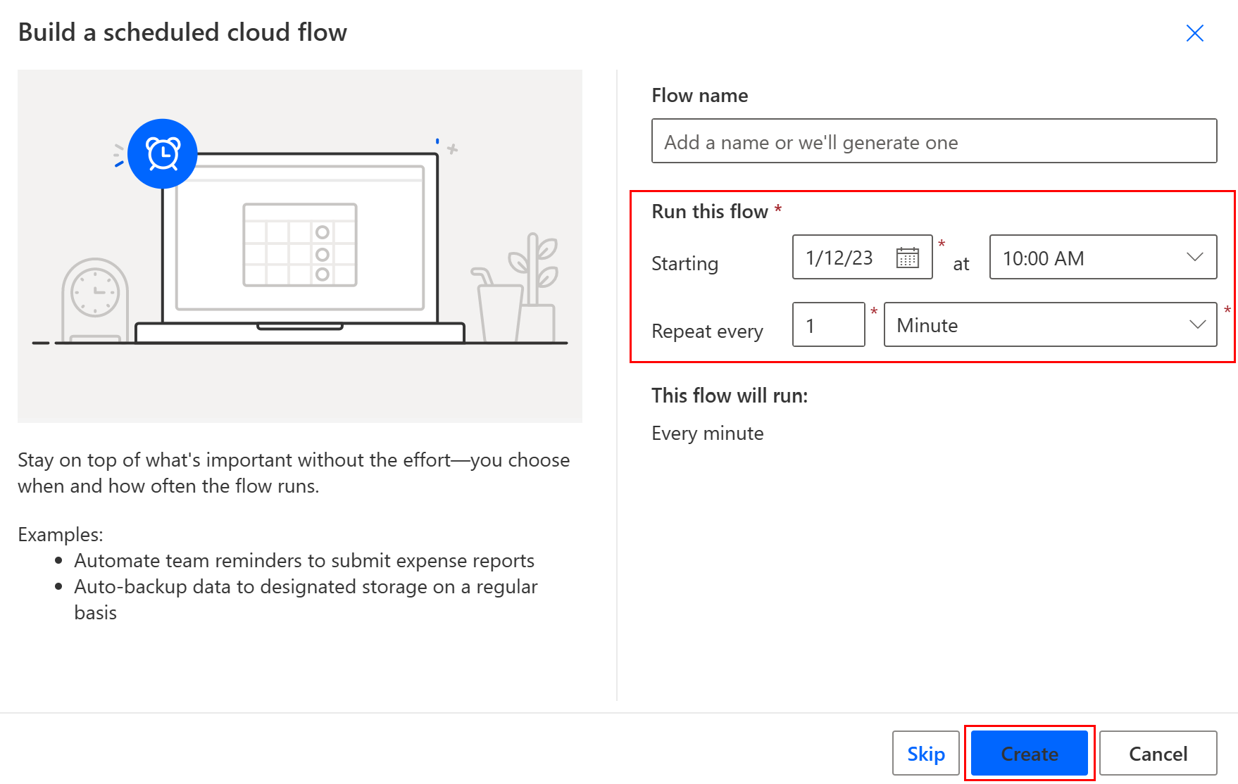 Captura de ecrã das opções para configurar um fluxo agendado.